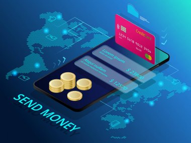 İzometrik para göndermek. Çevrimiçi para transferi arabirimi kavramı. Modern teknoloji ve online işlem.