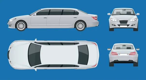 Satz weißer Limousinen isoliert auf weiß. Vorlage Limousine Icon Vektor. Premium-Personenverkehr. View, vorne, hinten, seitlich. — Stockvektor