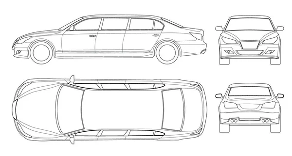 Conjunto de limusinas blancas de contorno aisladas en blanco. Plantilla vector icono de limusina. Transporte de personas premium. Viev, adelante, atrás, lado . — Archivo Imágenes Vectoriales