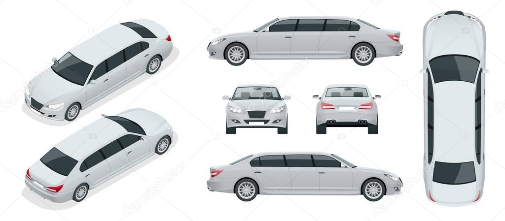 Set of white limousines isolated on white. Template limousine icon vector. Premium people transportation. Viev isometric, front, rear, top, side.