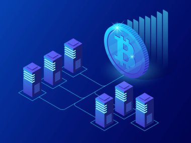 Cryptocurrency ve Blockchain kavramı izometrik kavramı. Çiftlik için araştırma bitcoins.