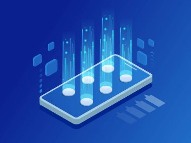Medya teknoloji illüstrasyon ile hareket eden telefon. Ağ ve veri değişimi. Finans, cryptocurrency veya çok teknoloji. Vektör çizim