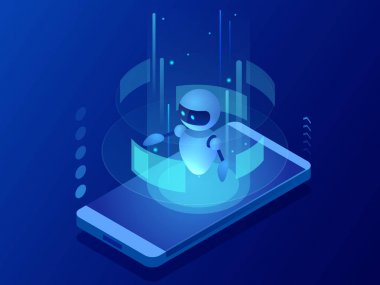 İzometrik öğretmen bot kavramı. Yapay zeka, bilgi uzmanlık istihbarat bilgi edinin. Teknoloji ve mühendislik. Çevrimiçi eğitim afiş
