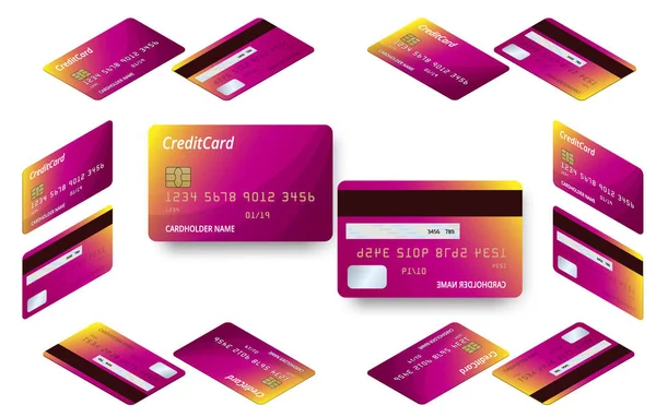 Διάνυσμα ισομετρική σύνολο προτύπων σχεδιασμού πιστωτικές κάρτες. Πλαστικά πιστωτική ή χρεωστική κάρτα. — Διανυσματικό Αρχείο
