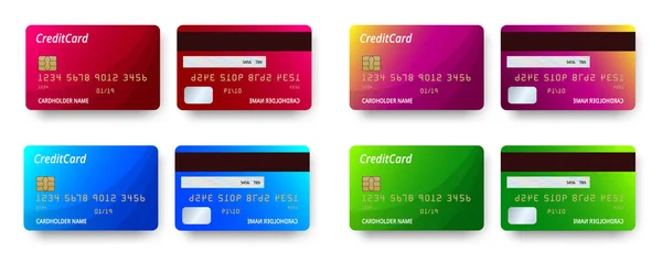 Sjablonen realistische gedetailleerde creditcards decorontwerp. Vector kunststof creditcard of betaalkaart — Stockvector