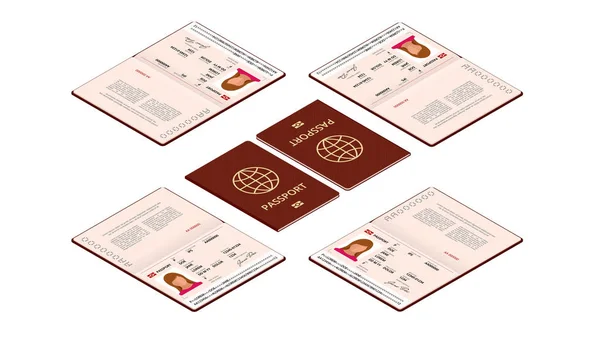 Templat paspor terbuka isometrik vektor. Paspor internasional dengan sampel halaman data pribadi. Dokumen untuk perjalanan dan imigrasi. Ilustrasi terisolasi - Stok Vektor