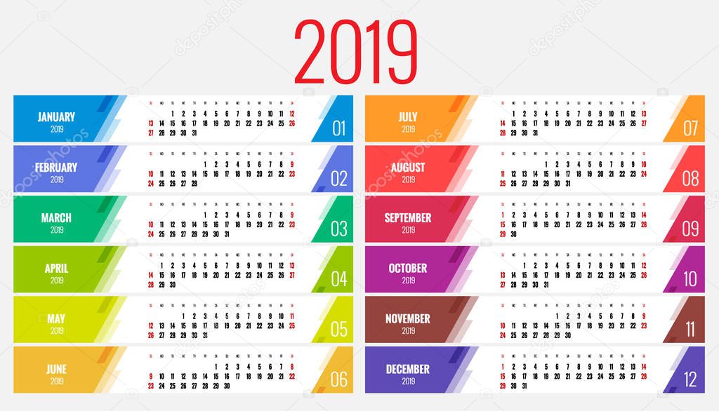 Calendar Planner for 2019 Year. Vector Stationery Design Print Template with Place for Photo, Your Logo and Text. Portrait Orientation. Set of 12 Months.