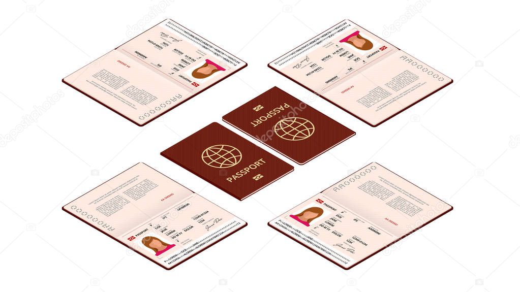 Vector isometric blank open passport template. International passport with sample personal data page. Document for travel and immigration. Isolated illustration