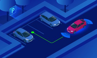 İzometrik Park yardım sistemi vektör çizim. Sensörleri ile araç teknolojisi. Boş alan park için tarama sensörler. Genel park pilot parktronic elektronik yardım sistemi sensörleri ile manevra.