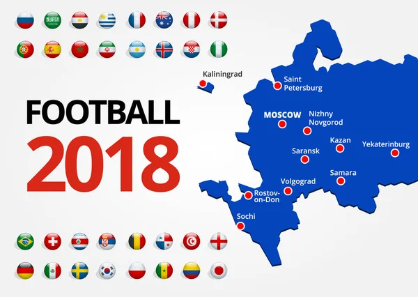 Футбол 2018, Европа, все виды спорта и карта с российскими городами-хозяевами . — стоковый вектор