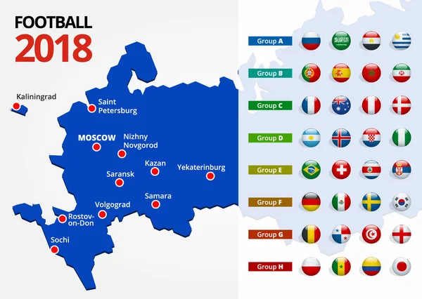 Футбол 2018, Европа, все виды спорта и карта с российскими городами-хозяевами . — стоковый вектор