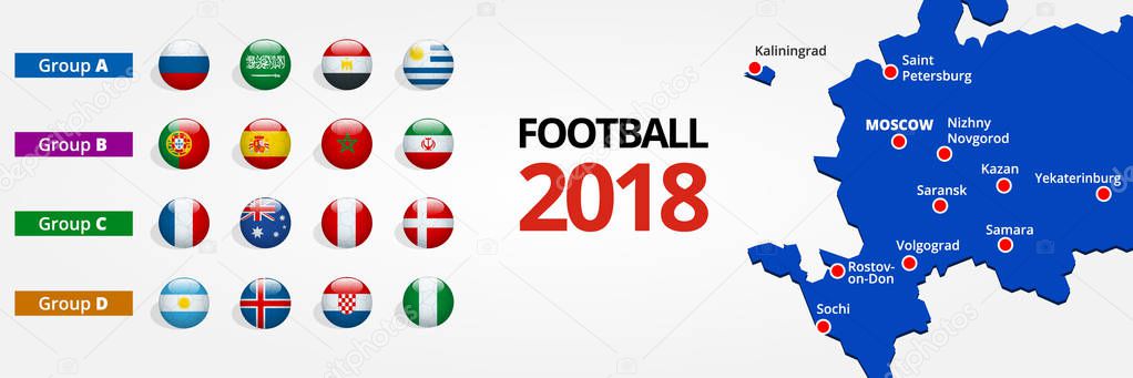 Football 2018, Europe Qualification, all Groups and map with Russian the host cities.