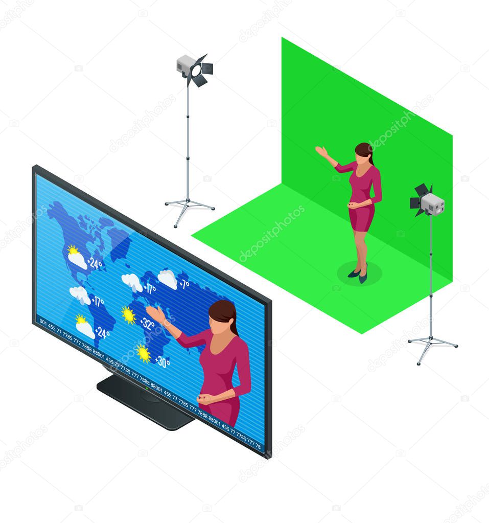 Isometric Weather forecast. A television anchorwoman at studio during live broadcasting