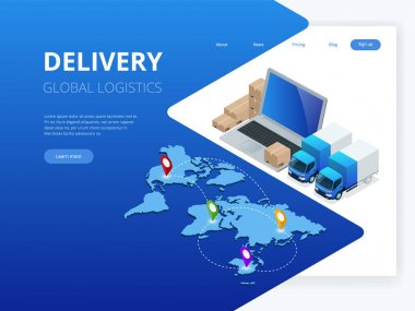 İzometrik lojistik ve teslimat Infographics. Teslim ev ve ofis. Şehir lojistik. Ambar, kamyon, forklift, kurye, dron ve teslimat adam. Vektör çizim