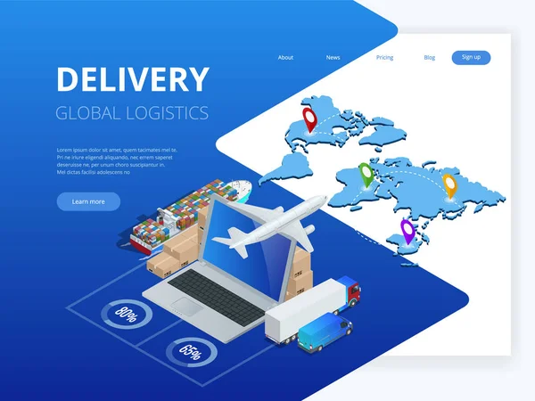 Infografica di Logistica Isometrica e Consegna. Consegna a casa e in ufficio. Logistica urbana. Magazzino, camion, muletto, corriere, drone e fattorino. Illustrazione vettoriale — Vettoriale Stock