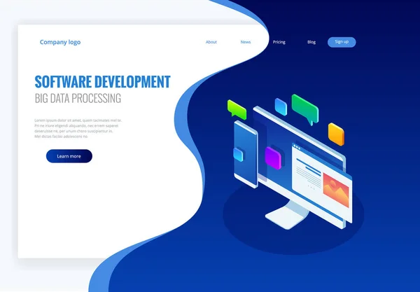 Desarrollo del concepto de tecnologías de programación y codificación. Diseño web. Procesamiento de macrodatos, ilustración de vectores isométricos informáticos — Vector de stock