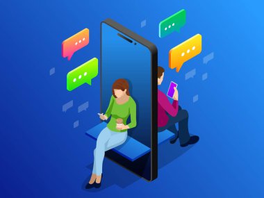 İzometrik dating online ve sosyal ağ kavramı. Yeni teknoloji trendleri gençler bağımlılığı. İnternette chat yapan gençler. Vektör çizim
