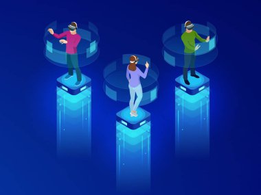Isometric men and a woman wearing goggle headset with touching vr interface. Into virtual reality world. Future technology clipart