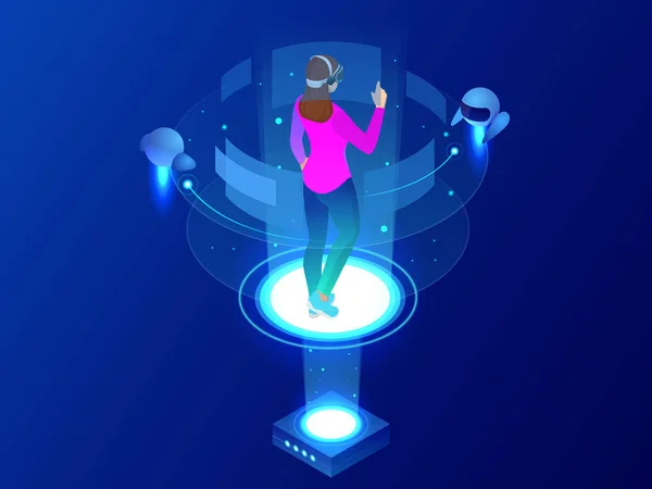 Isometric woman wearing goggle headset with touching vr interface. Into virtual reality world. Future technology. — Stock Vector