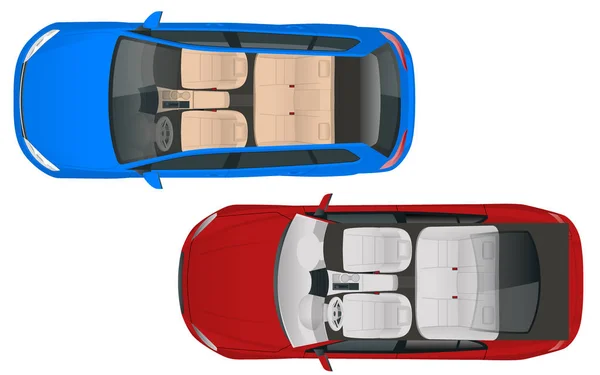 Salón coche vagón y salón coche sedán vista desde arriba, ilustración vectorial. Vehículo híbrido compacto. Eco-friendly hi-tech auto. Cambio de color fácil . — Vector de stock