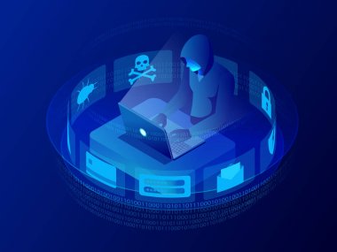 İzometrik vektör Internet hacker saldırı ve kişisel veri güvenlik kavramı. Bilgisayar güvenlik teknolojisi. E-posta spam virüs rapor kesmek banka. Hacker bir kod üzerinde çalışıyor. Internet suç kavramı.