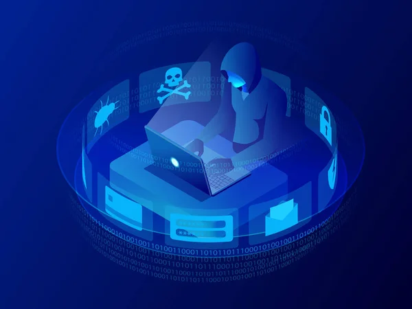 Isometric vector Internet hacker attack and personal data security concept. Computer security technology. E-mail spam viruses bank account hacking. Hacker working on a code. Internet crime concept. — Stock Vector