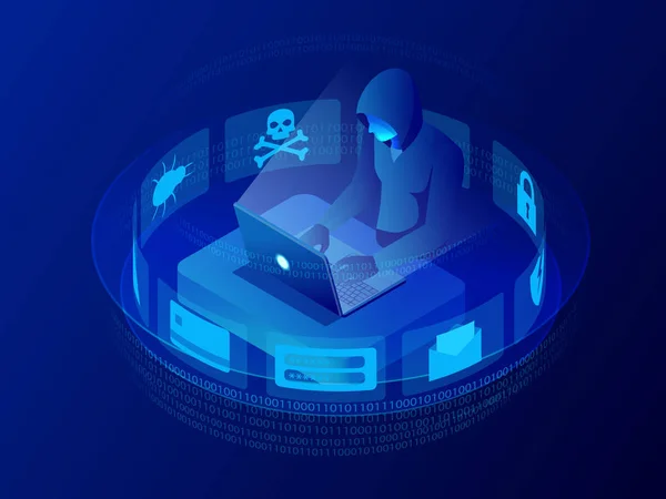 Isométrico vector de ataque pirata informático de Internet y el concepto de seguridad de datos personales. Tecnología de seguridad informática. Correo electrónico spam virus piratería de cuentas bancarias. Hacker trabajando en un código. Concepto de delincuencia en Internet . — Vector de stock