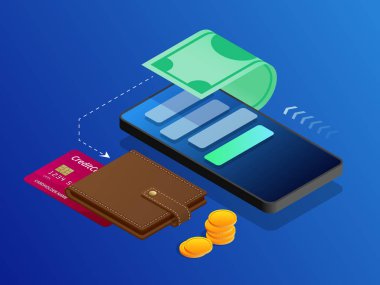 Elektronik faturaları online ödeme, alışveriş, bankacılık mobil ödeme, kavramı. Vektör izometrik çizim ödeme yöntemleri. Kavramları web afiş