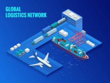 Global lojistik düz izometrik vektör çizim ağ. Demiryolu ulaşım deniz nakliye zamanında teslimat çok sayıda taşımak üzere tasarlanmış araçlar kamyon taşımacılığı hava kargo kavramı