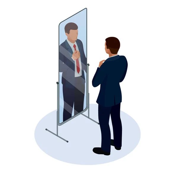 Isometrischer Geschäftsmann, der Krawatte vor dem Spiegel justiert. Mann überprüft sein Aussehen im Spiegel. Geschäftsmann schaut sich selbst in den Spiegel Vektor flache Design-Illustration. — Stockvektor