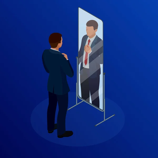 Isometrische zakenman stropdas aan de voorzijde van de spiegel aan te passen. Man zijn verschijning in de spiegel te controleren. Zakenman die zichzelf in de spiegel kijken vector illustratie van het platte ontwerp — Stockvector