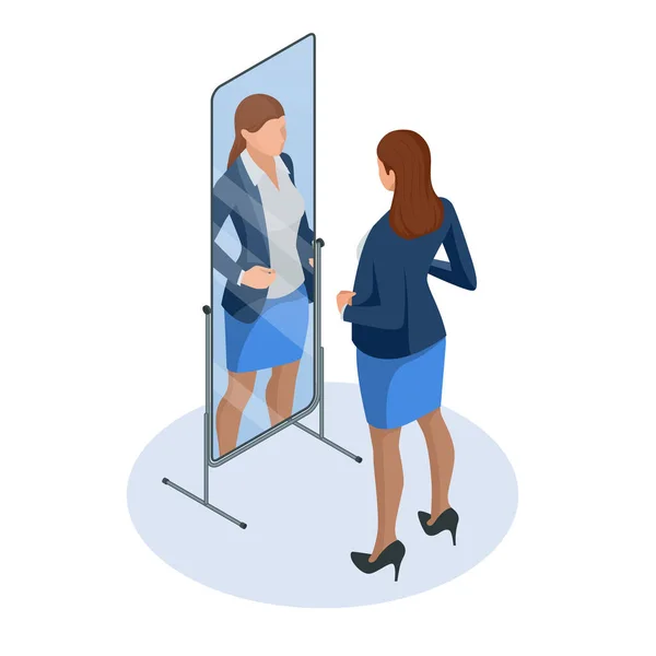 Изометрическая деловая женщина регулирует галстук перед зеркалом. Человек, который смотрит на себя в зеркало. Бизнесмен смотрит на себя в зеркальную векторную плоскую иллюстрацию — стоковый вектор