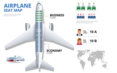 Grafik Uçak koltuğu, planı, uçak yolcu. Uçak koltuk üstten görünüm planı. İş ve ekonomi sınıf uçak kapalı bilgi göster. Ultraviyole arka plan üzerinde uçak vektör çizim.