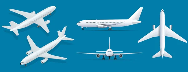 Airplanes on blue background. Industrial blueprint of airplane. Airliner in top, side, front view and isometric. Flat style vector illustration. — Stock Vector