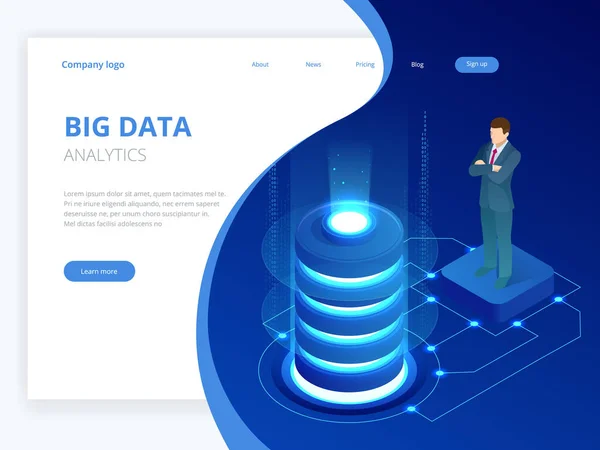 Isometrische digitale Technologie Web-Banner. BIG DATA Machine Learning Algorithmen. Analyse und Information. Big Data Access Storage Distribution Information Management und Analyse — Stockvektor