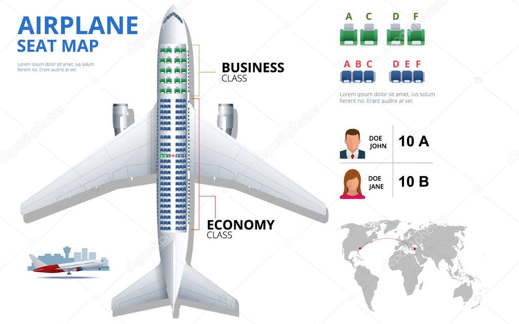 Chart airplane seat, plan, of aircraft passenger. Aircraft seats plan top view. Business and economy classes airplane indoor information map. Vector illustration of Plane on ultraviolet background.