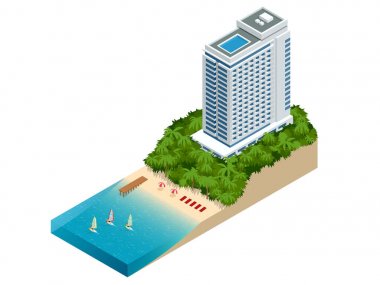İzometrik lüks beach otel ve deniz yüzme havuzu boş çim zemin güverte yakınındaki modern tasarım görünümünde görüntüleyin. Tatil için otel büyük aile ve en iyi plajlar. Holiday villa dış cephe.