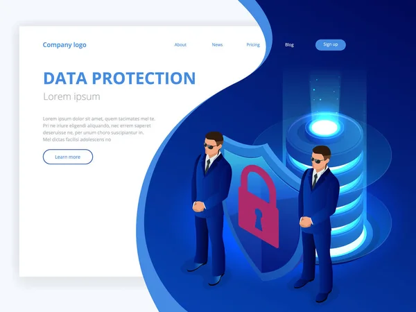 Concepto isométrico de protección de bases de datos. Estante de la sala de servidores, seguridad de la base de datos, unidad de servidor de escudo, tecnología digital informática. Industria de equipos de Internet. Servidor de telecomunicaciones de red . — Archivo Imágenes Vectoriales