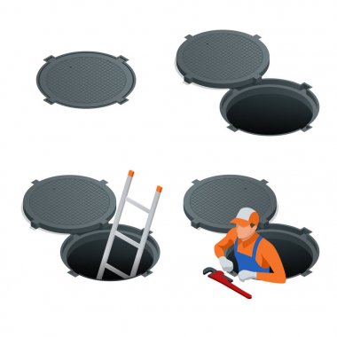 Sewer hatch Open and closed. Manhole cover, road hatch Vector illustration construction under a road. Vector illustration clipart