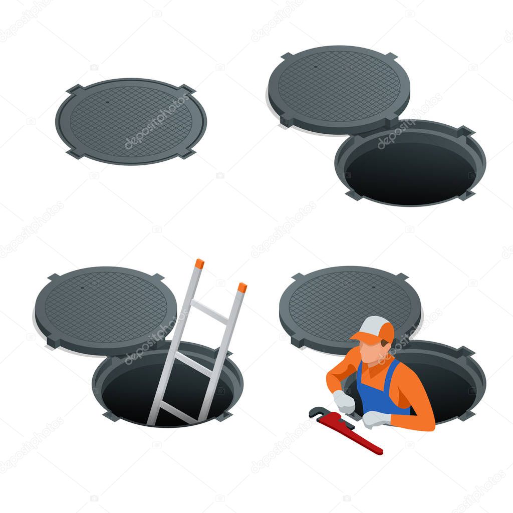 Sewer hatch Open and closed. Manhole cover, road hatch Vector illustration construction under a road. Vector illustration