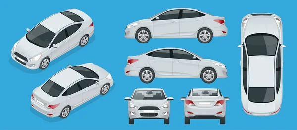 Set of Sedan Cars. Compact Hybrid Vehicle. Eco-friendly hi-tech auto. Isolated car, template for branding, advertising. Front, rear , side, top and isometry front and back — Stock Vector