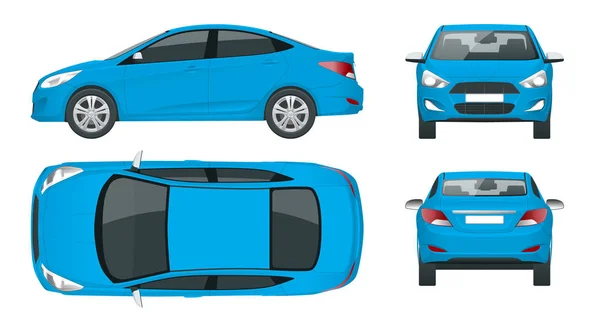 Conjunto de carros Sedan. Veículo híbrido compacto. Eco-friendly hi-tech auto. Carro isolado, modelo para branding e publicidade. Vista frontal, traseira, lateral, superior. Ilustração vetorial —  Vetores de Stock