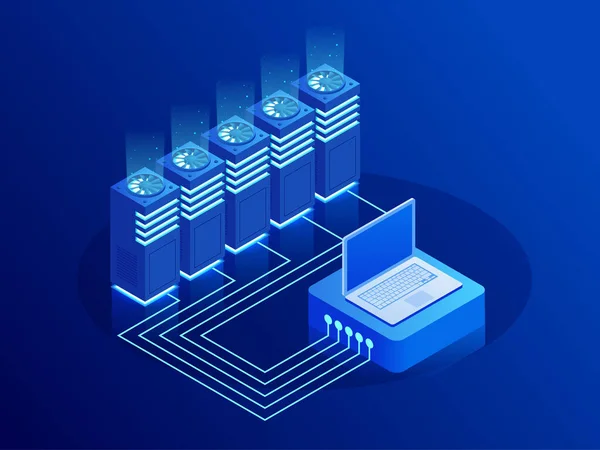 Gran almacenamiento de datos y tecnología de computación en nube, aprendizaje automático, concepto de inteligencia artificial. Sala de centro de datos con servidores de datos abstractos e indicadores led brillantes — Archivo Imágenes Vectoriales