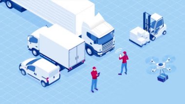 Bilgisayarda Isometric Teslimat ve lijistik servis uygulaması kontrol ediliyor. Karton kutu ve teslimatçıyla teslimat kamyonu. Bilgi grafikleri. Hd Videosu.