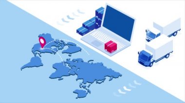 Bilgisayarda Isometric Teslimat ve lijistik servis uygulaması kontrol ediliyor. Karton kutu ve teslimatçıyla teslimat kamyonu. Bilgi grafikleri. Hd Videosu.
