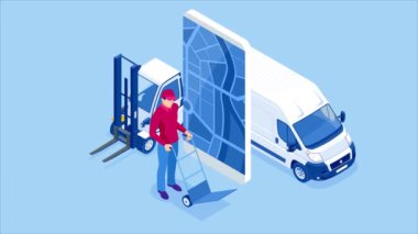 Lojistik ve Teslimat konsepti. Eve ve ofise teslimat. Şehir lojistiği. Harita geçmişi olan servis uygulaması. Isometric tarzı. Hd Videosu.