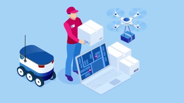 Logistika a doručovací koncept. Doručení domů a do kanceláře. Městská logistika. Skladiště, náklaďák, vysokozdvižný vozík, kurýr, dron a doručovatel. Hd video. — Stock video