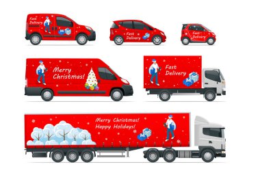Noel ve Yeni Yıl Teslimat Aracı. Noel alışverişi ve Kış Tatili. Lojistik ve Teslimat konsepti. Eve ve ofise teslimat. Şehir lojistiği.