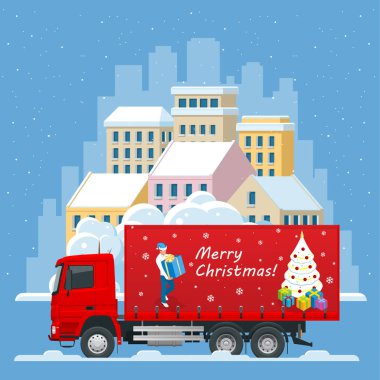 Noel ve Yeni Yıl Teslimat Aracı. Noel alışverişi ve Kış Tatili. Lojistik ve Teslimat konsepti. Eve ve ofise teslimat. Şehir lojistiği.