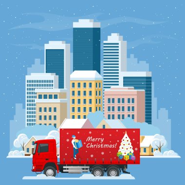 Noel ve Yeni Yıl Teslimat Aracı. Noel alışverişi ve Kış Tatili. Lojistik ve Teslimat konsepti. Eve ve ofise teslimat. Şehir lojistiği.